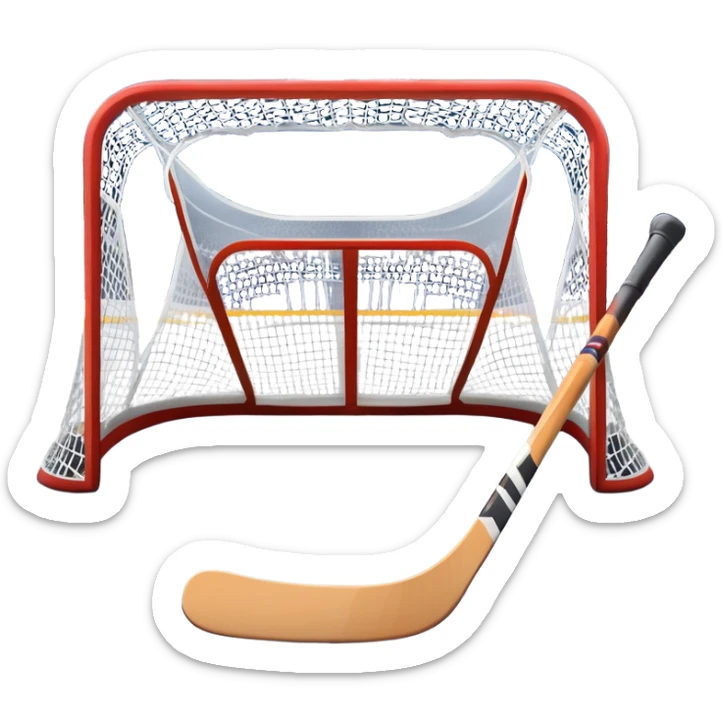 An icon showing a close-up of a hockey stick, puck, skates, and hockey net placed on the ice. The background features a packed stadium with bright lights, cheering fans, and snowy scenery outside. Transparent background highlights the key elements of the game. sticker