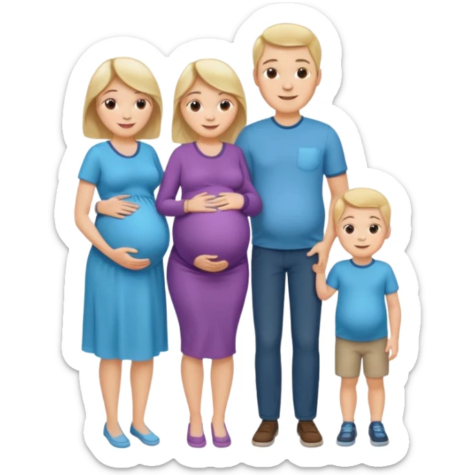 I want a couple. Only the wife is pregnant. Both the husband hand wife family are stand behind them. No kids sticker