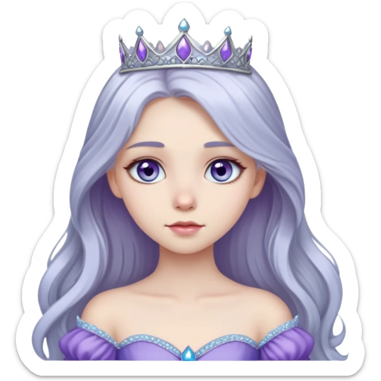 long haired girl with silver hair color and pale skin, she has a sky blue eye color and she's wearing a purple princess gown sticker