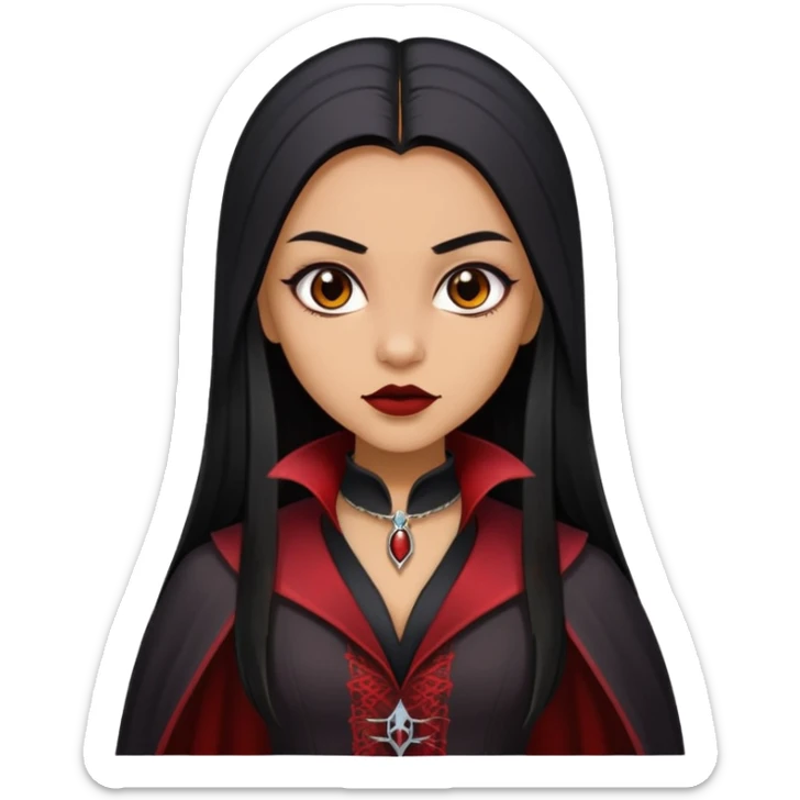 A girl with long black straight hair and warm tan medium brown skin color emoji traditional vampire version sticker