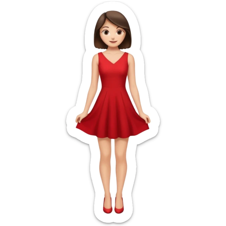 Cartoon emoji of a young brunette woman with fair-medium skin, brown eyes, wearing a red outfit. Full-height, standing confidently in a red dress  posing sexy with a smile and relaxed posture. Smooth, friendly, stylized, make up on, flirty eyes and smile in a sexy position  sticker