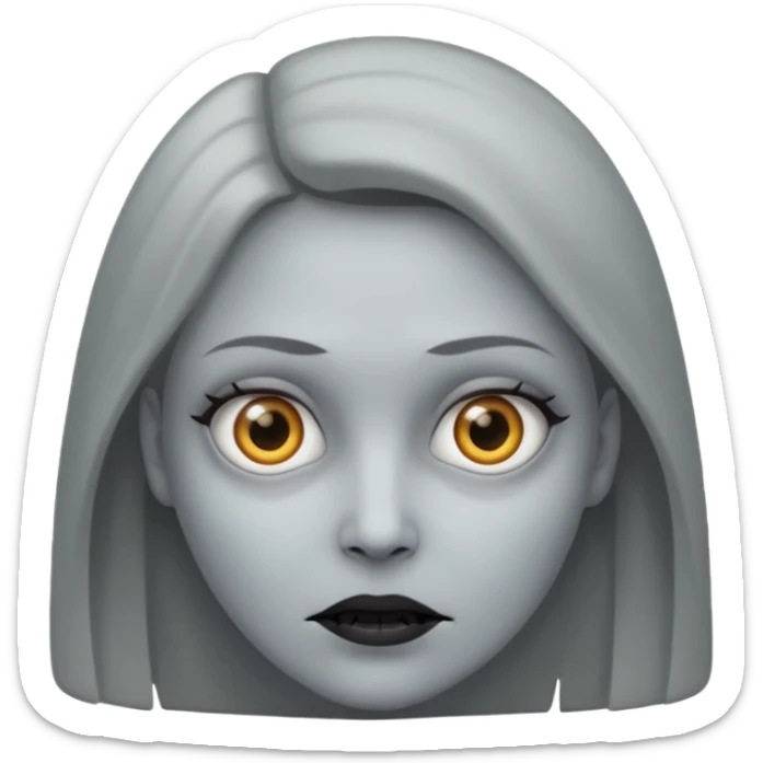woman with gray skin and white eyes and a creepy face sticker