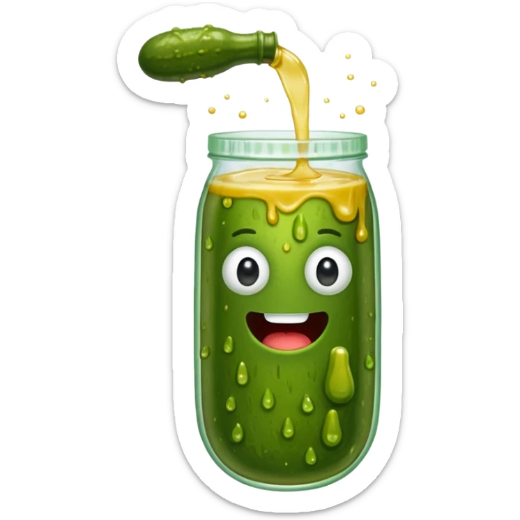 a cartoon pickle with juice squirting from the top of it, being squeezed by a hand sticker