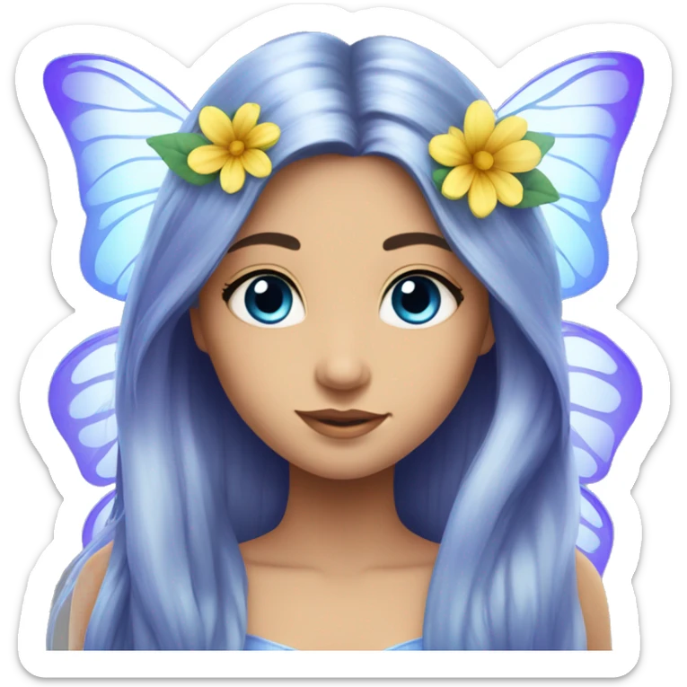 Beautiful, flower, fairy, blue, silver, purple, long hair, big butterfly wings sticker