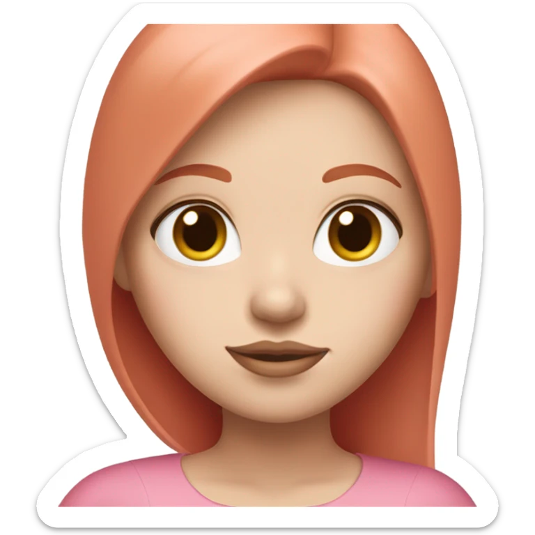 girl with straight short red hair, white skin, big pinky lips, big eyes, calm face, in pink clothes works on macbook sticker
