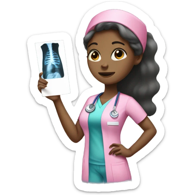Black girl in pink scrubs looking at an arm X-ray  sticker