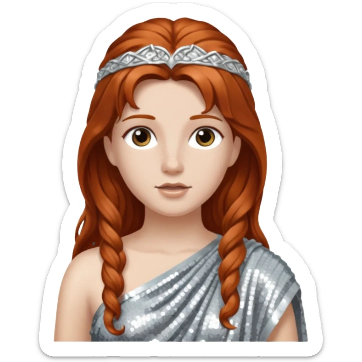 Diana from Roman Deities with long auburn hair, silver sequin toga sticker