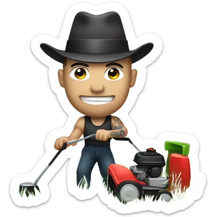 A muscular white man with tattoos cutting grass with a lawn mower wearing a tophat sticker