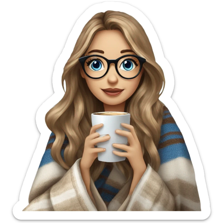 Balayage hair Girl drinking coffee, with a cozy blanket wearing glasses with blue eyes photo beautiful  sticker