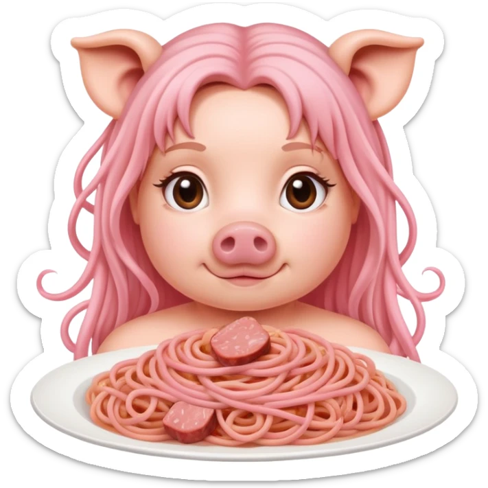   renaissance portrait of a lady as a pig with pink spaghetti and spam slop background  sticker