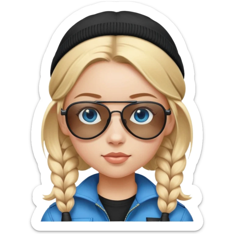 girl with pigtailed blond hair
with blue eyes and aviator sunglasses

wearing a black plain beanie sticker
