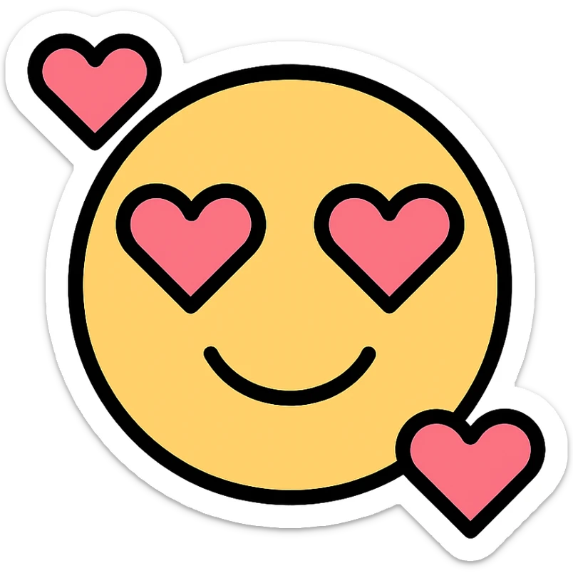 in love emoji, smiling with hearts around the face, modern icon style sticker