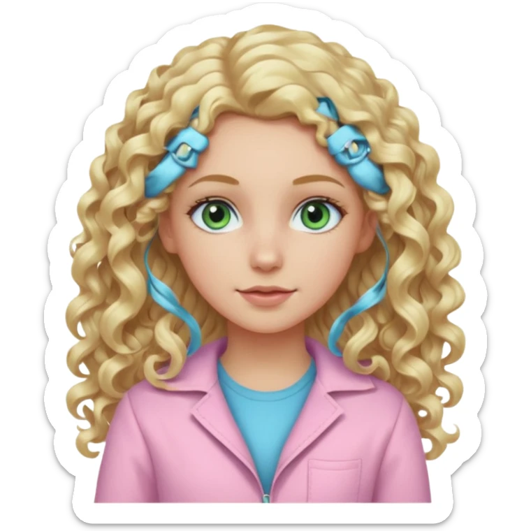 A white girl with long blonde curly hair and blue and green eyes wearing light pink sticker