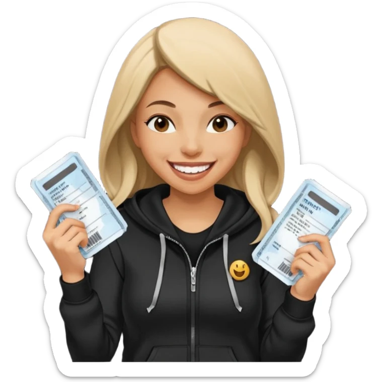 Hilarious, blunt, high energy, and adventurous. woman in hoodie laughing with plane tickets  sticker