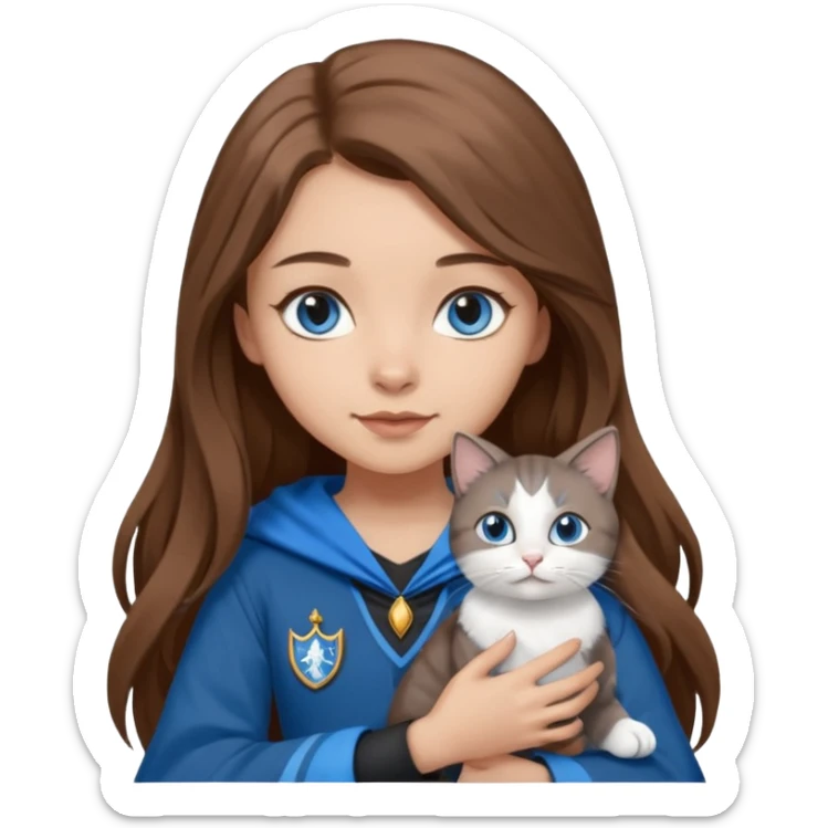 gorgeous Girl with light skin, blue eyes, long brown hair, wears a ravenclaw outfit, with a grey and white cat holding in her arms sticker