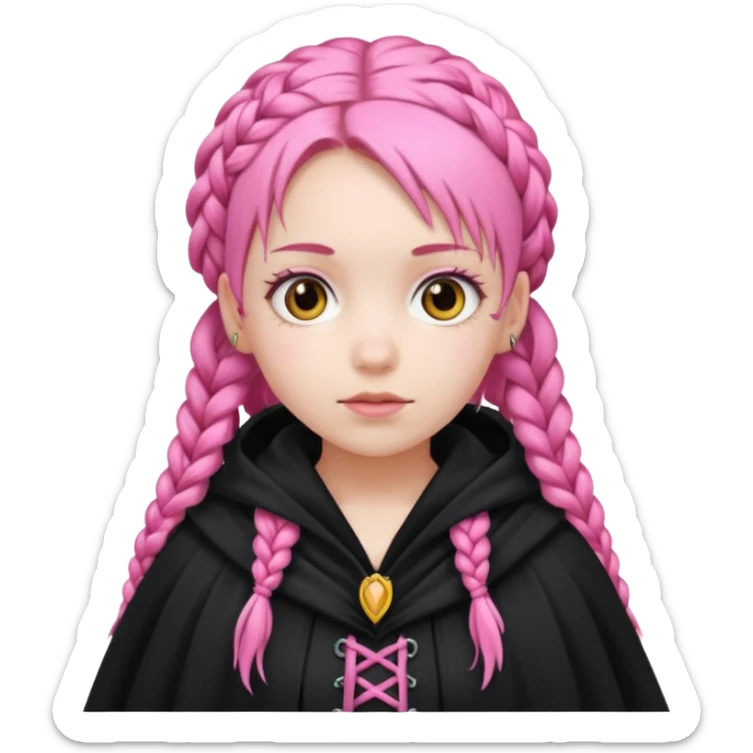 pink braids hair kid girl, white skin, wear black cloak sticker