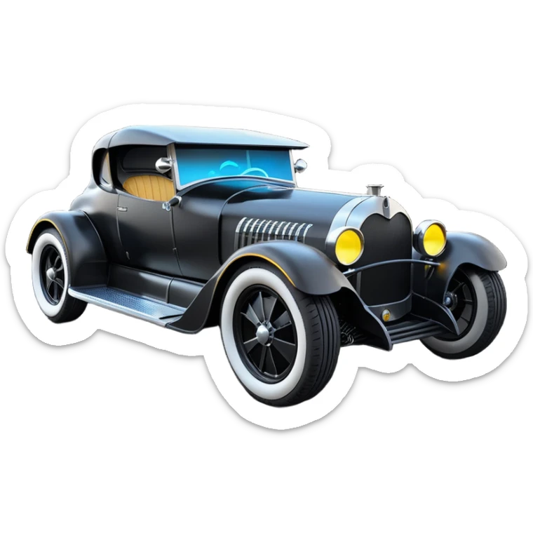 Mad max luxurious survival apocalypse ghostly sporty antique electric Darth Vader’s Batman-armored 1926 black graphite colored enclosed twin seat town coupe with horizontal holographic 3d stars painted on the body sides and neon under glow  sticker