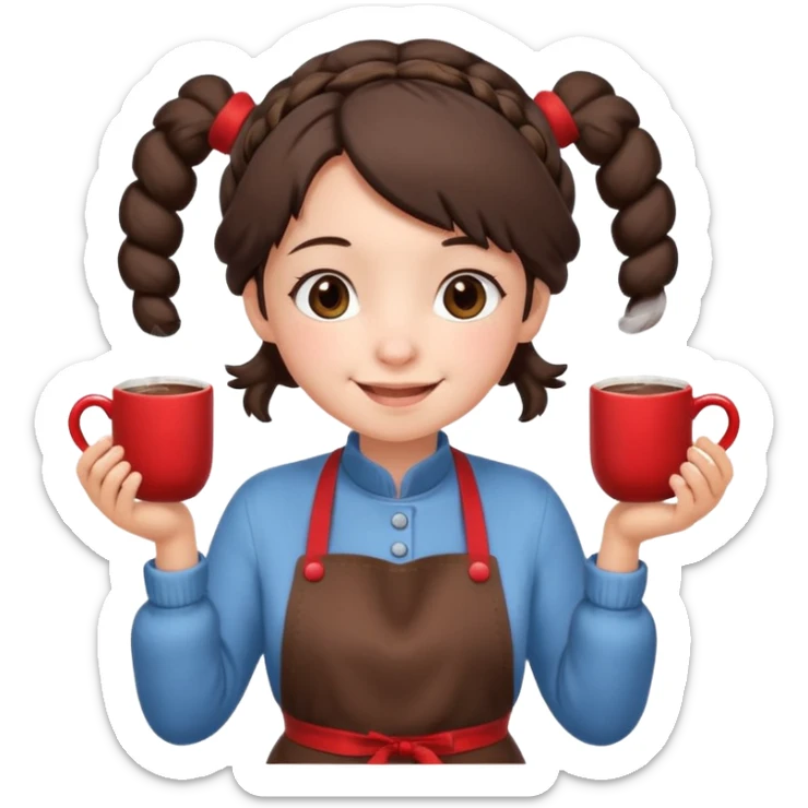 A cozy pig tail hair vendor with fluffy earmuffs, wearing apron handing out steaming cocoa with a warm smile. sticker
