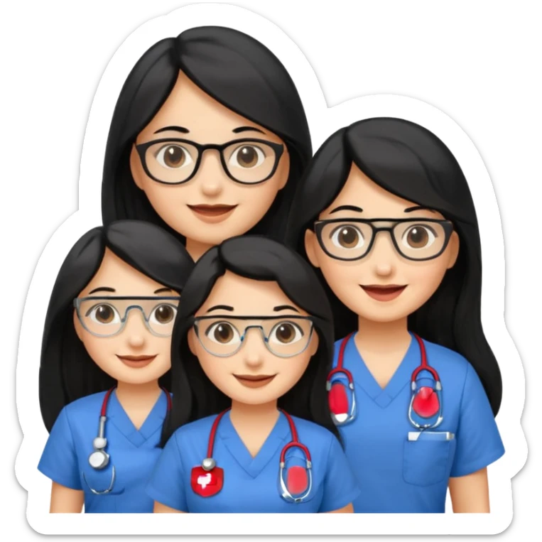 Genera emogis de 4 cuatro enfermeras de cabello negro largo, entre ellas que una tenga lentes y otra un lunar encima de los labios sticker