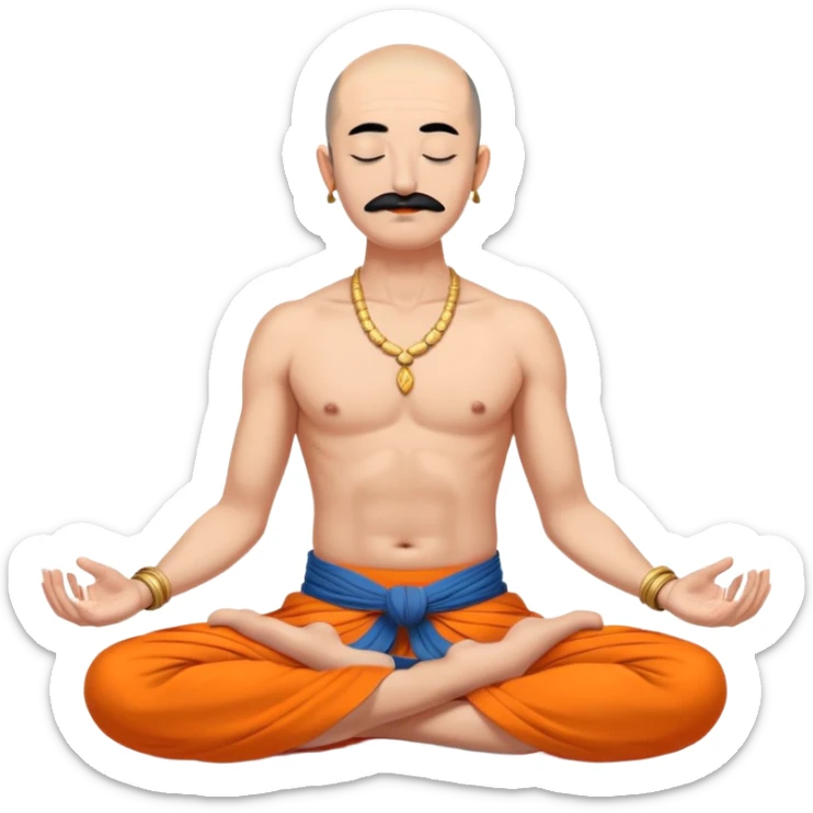 сossack with bold head, very long 15 inch black mustache, lock of black hair sprouting from the top of the shaven head, meditating bare torso with closed eyes in lotus pose in long orange indian dhoti covering the legs sticker