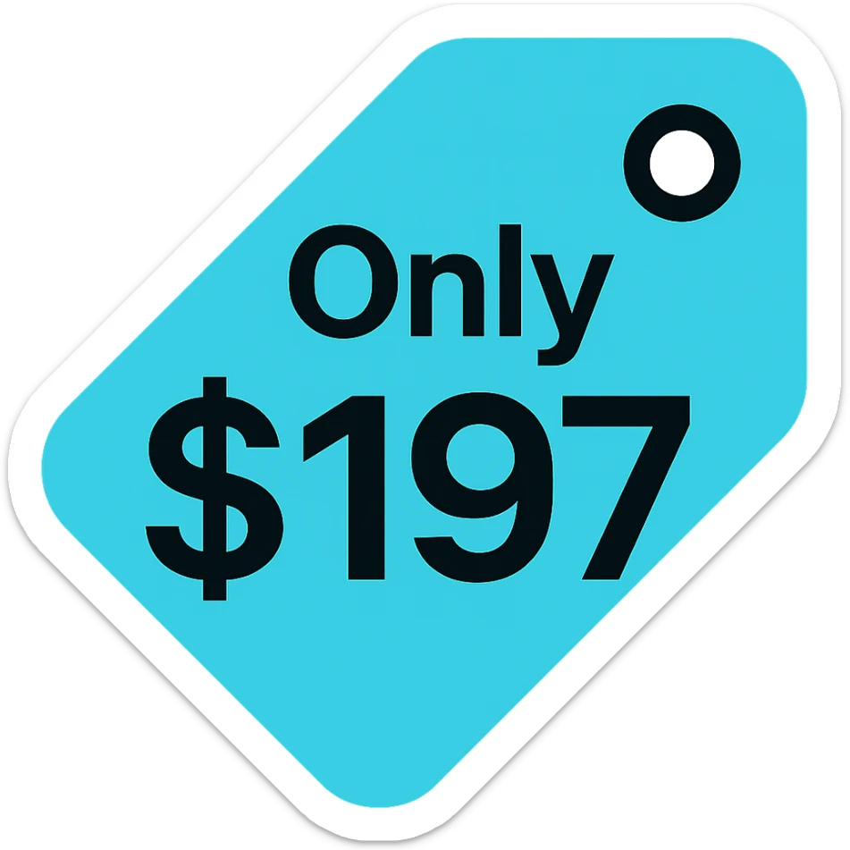 Change the colors of the price tag icon to cyan and black. Keep the text 'Only $197' visible and bold. Use a modern and bold style with lineal color icon characteristics, focusing on cyan and black colors for a sleek look. sticker