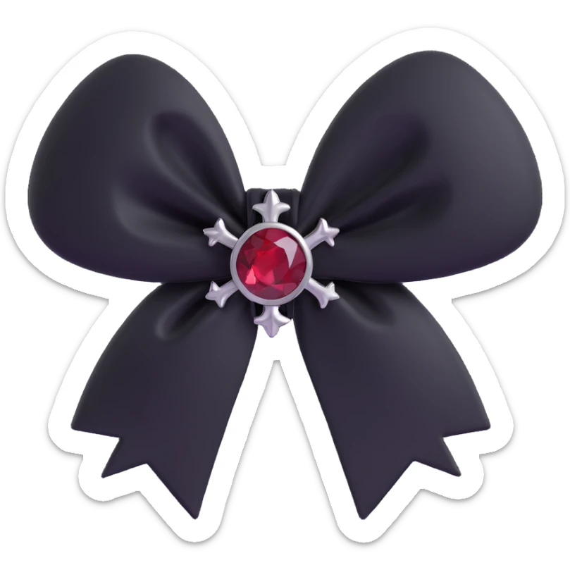 3D emoji gothic bow, black velvet with silver cross charm and dark red gemstone center sticker