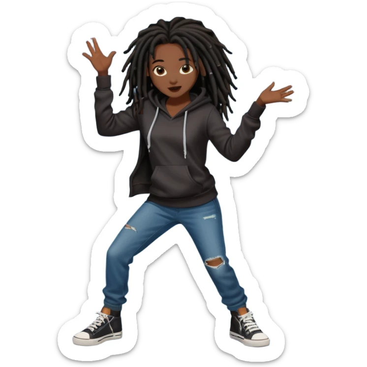African American dark skin girl with black dreadlocks with brown tips wearing a plain black hoodie wearing denim jeans and shoes dancing in music video sticker