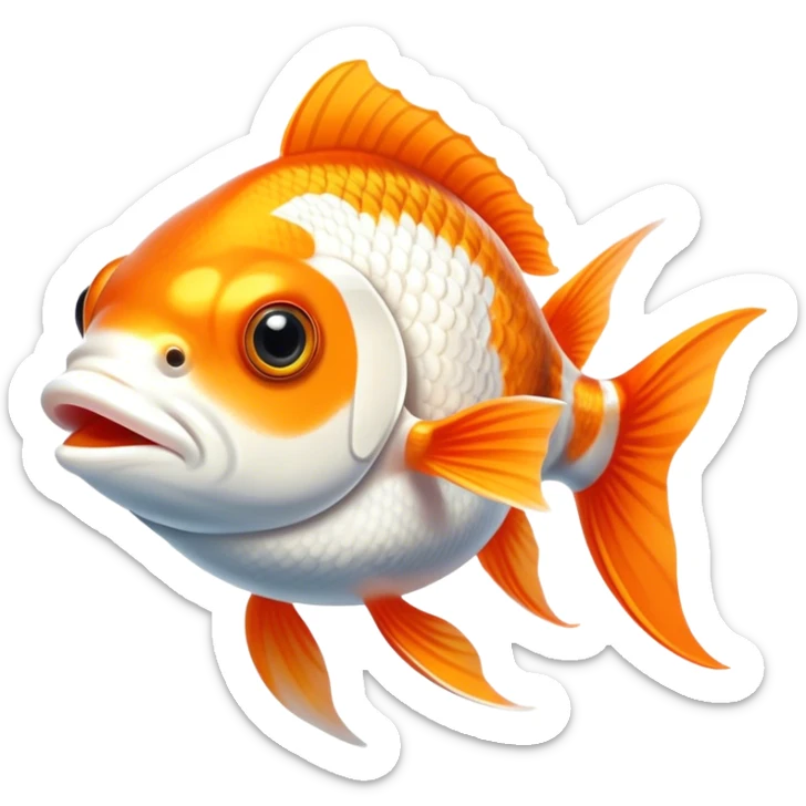 Cinematic Noble Orange and White Goldfish Portrait Emoji, Poised and regal, with a sleek, streamlined build and a vibrant body featuring a harmonious blend of orange and white hues, deep-set soulful golden eyes, Simplified yet sharp and sophisticated features, highly detailed, glowing with a soft, dignified glow, high shine, intelligent and graceful, stylized with an air of aquatic artistry, focused and attentive, soft glowing outline, capturing the essence of a watchful and confident aquatic companion, so majestic it feels as though it could glide out of the screen with effortless authority! sticker