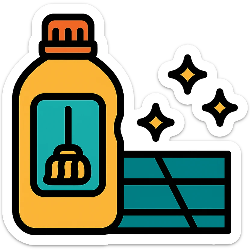 A close-up of a syrup bottle with a mop icon on the label, next to a sparkling floor, modern icon style sticker