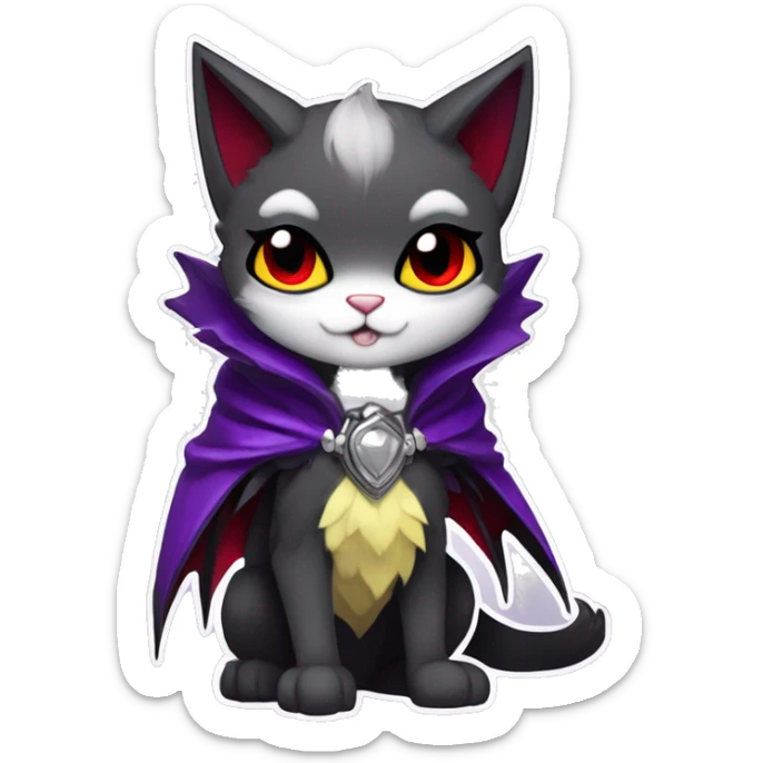 Anthro-Cute-Edgy-Cool-Vampiric-Batty-Cat-Black-Purple-Red-Grey-White-Yellow-Contrast-Colors-Fantasy-Fur-Sona-Chibi-Shiny-Fakémon-Hybrid with horns and fangs and collar full body sticker