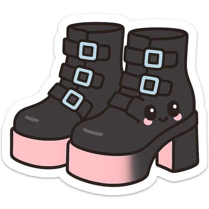 BLACKPINK-inspired gothic shoes, no hearts, black and pink, cute and stylish, kawaii style, platform boots with buckles, pastel blue accents sticker