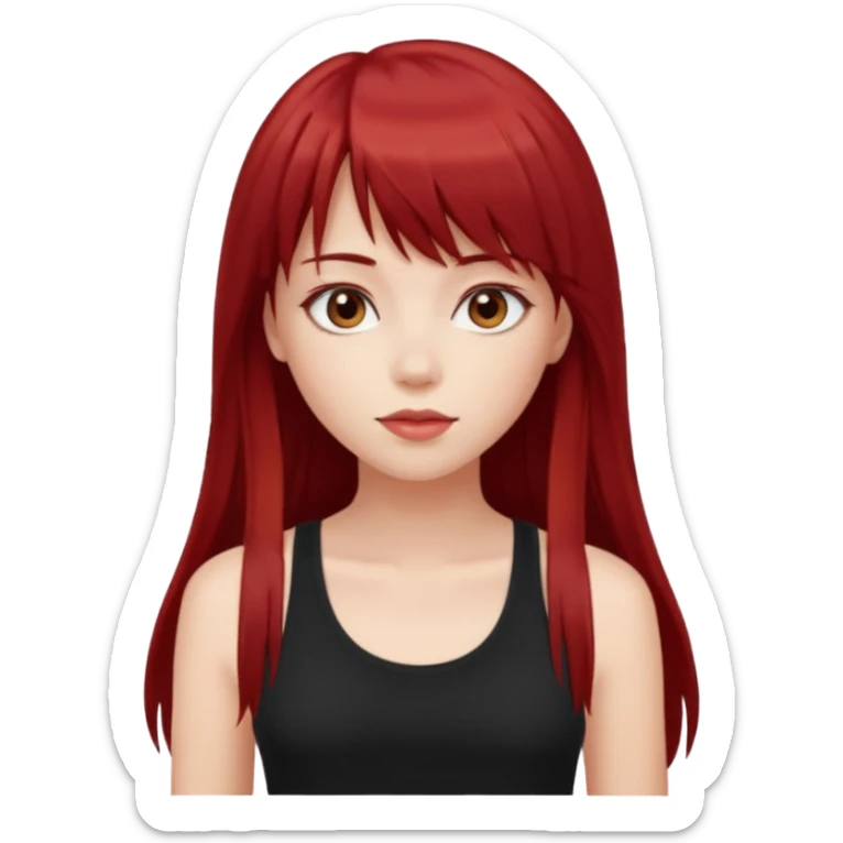 a pretty bratz fair girl with long dark red straight hair with bangs, wearing a black tank top sticker