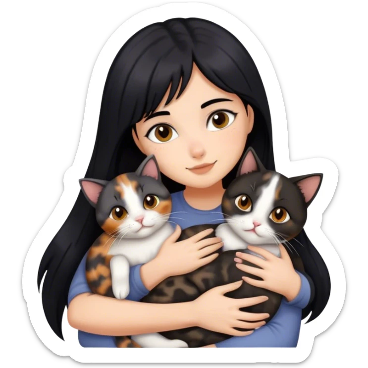 girl with black hair hugging three cats  (tortie cat, dark gray cat, brown calico cat) sticker