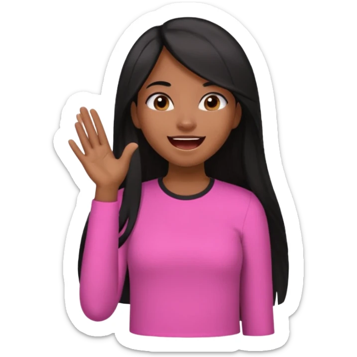 Chocolate brown girl wearing a pink shirt with long straight jet black hair giggling, she has one hand behind her back and one over her mouth  sticker