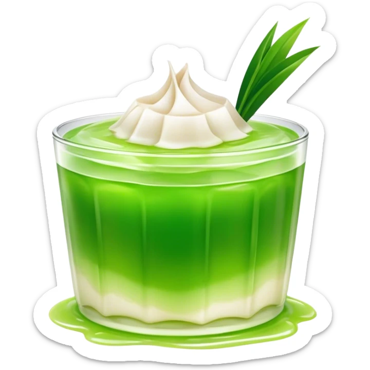 Cinematic Realistic Coconut Pandan Jelly Dessert Emoji, showcasing a delicate, translucent jelly infused with coconut and pandan rendered with lifelike detail and soft, tropical lighting. sticker
