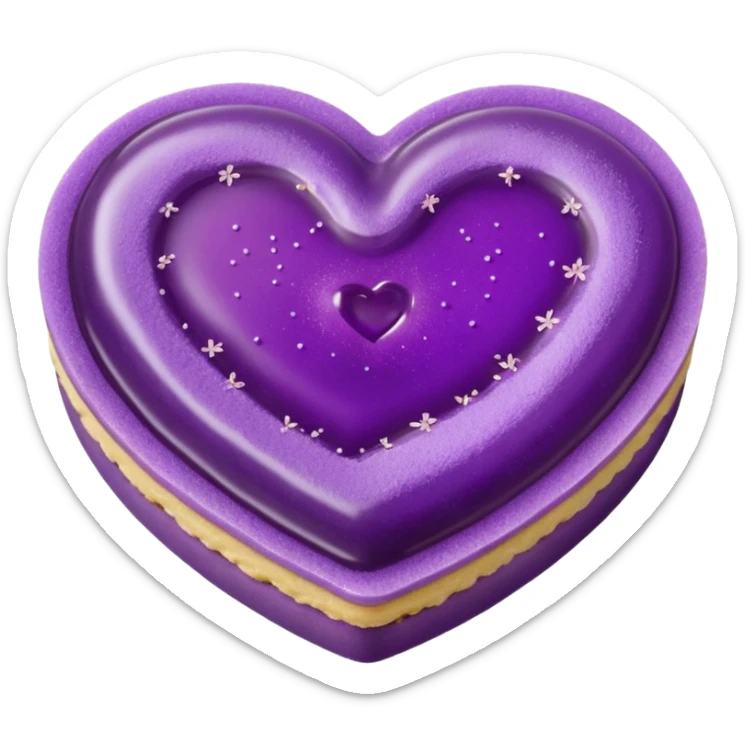 Realistic shortbread cookie in the shape of a heart with violet jelly middle filling and sprinkled powder sugar on top. sticker