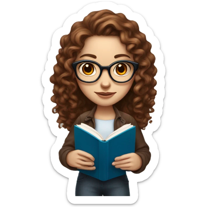 a white skinned girl, with curly brown long hair, blue eyes anf glasses, and some ear piercings is holding a red big law book sticker