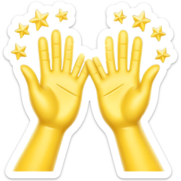 A 3D digital emoji of two yellow cartoon hands doing a joyful high five, palms clapping together in the air, with bright sparkles and motion lines to show excitement and celebration, Apple emoji style sticker