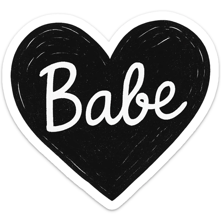 the word 'Babe' in white handwriting across a black heart, playful cartoon style, high contrast sticker