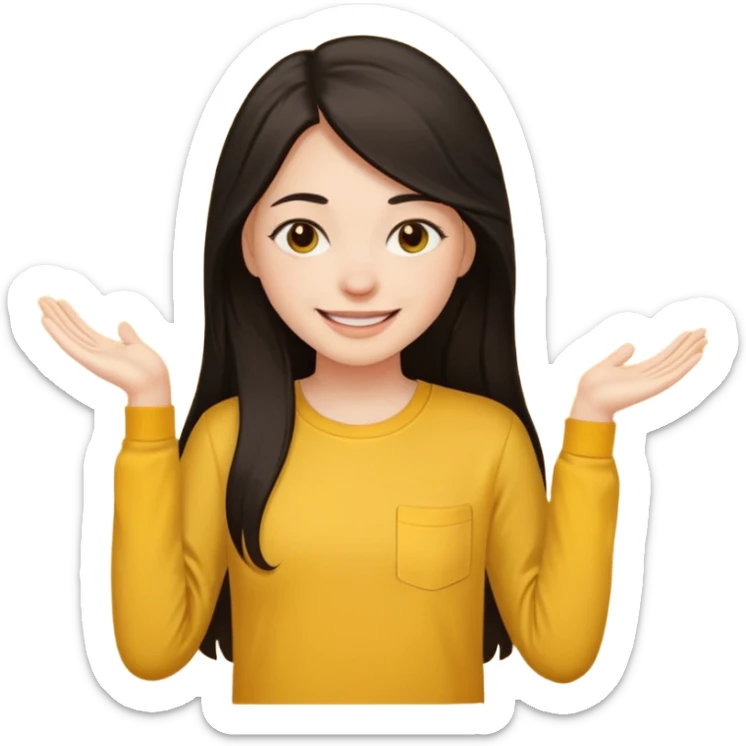 girl using her laptop, long dark hair with no part, white skin and yellow shirt long sleeves, smiling sticker