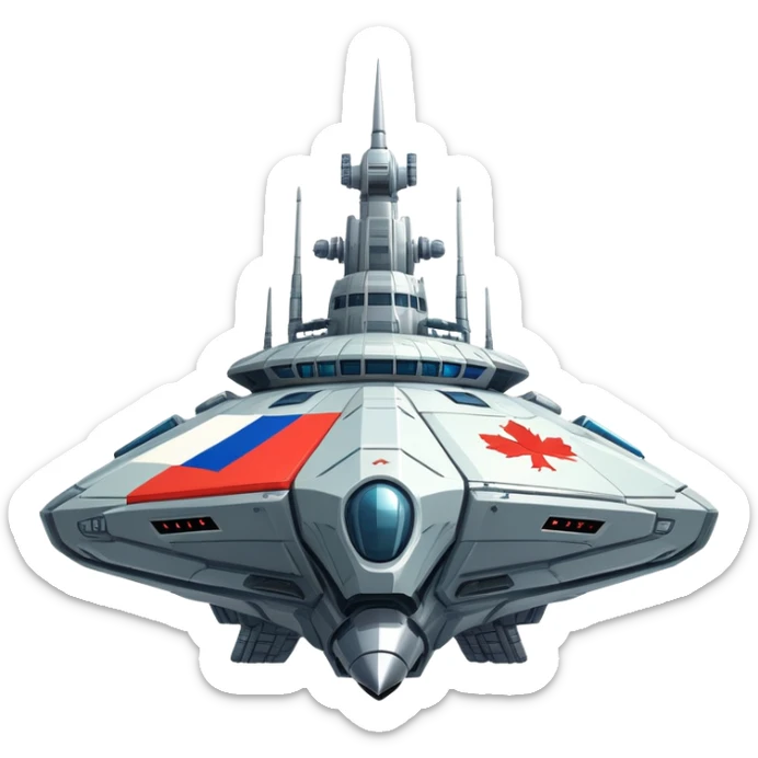 Massive futuristic Russian mothership with prominent flag colors, intimidating weapons sticker