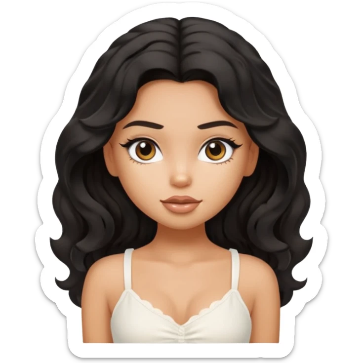 a pretty bratz tan girl with wavy black hair wearing a white cami top. Skintone is tan sticker