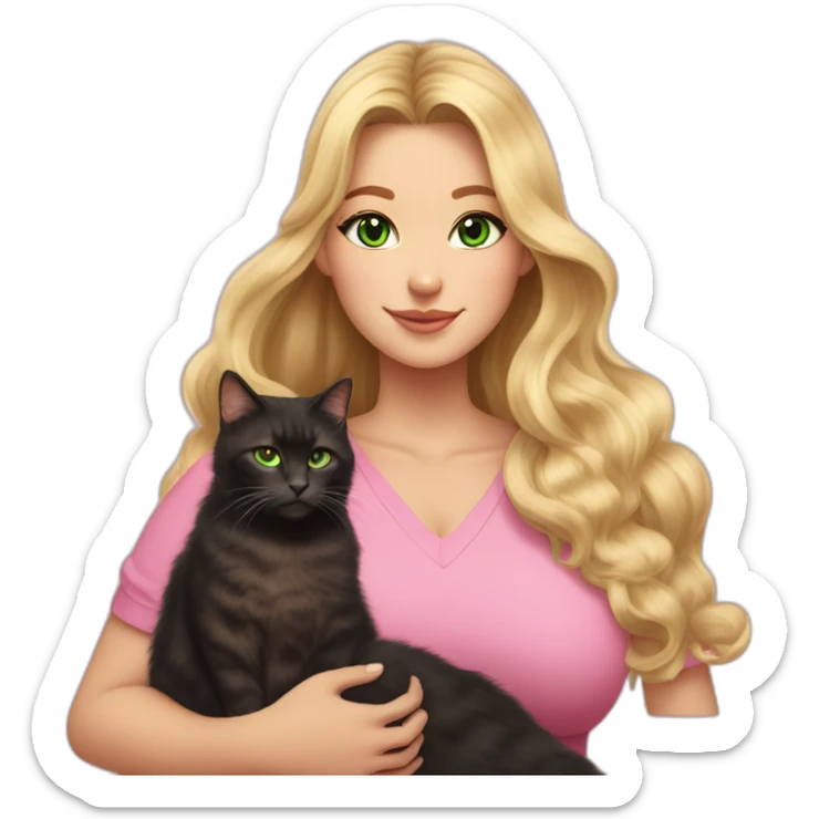 woman with green eyes and long wavy blonde hair and big boobs in a pink shirt is holding a very fluffy and fat black and tortoiseshell cat sticker