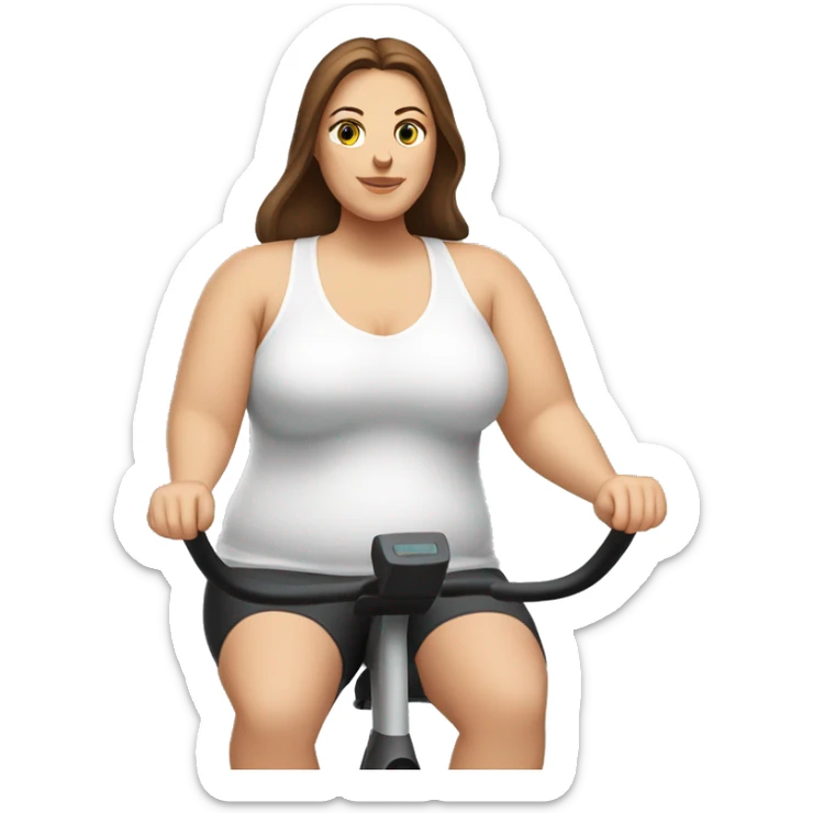 plus size white woman with medium length straight brown hair sitting on an exercise bike sticker
