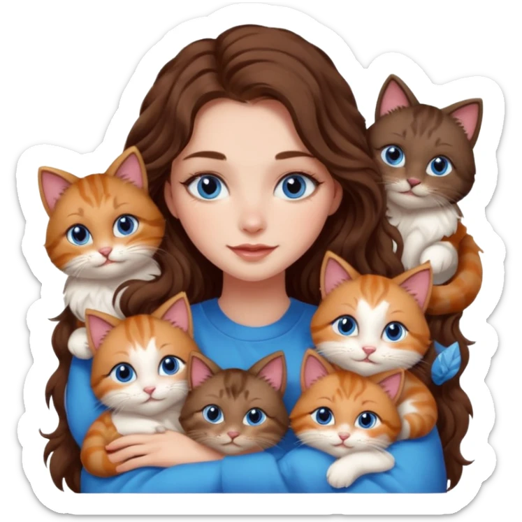 girl with long wavy brown hair, blue eyes, long lashes makeup, cuddling with 6 cute cats sticker