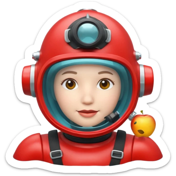 3D cartoon-style human character in the Apple emoji style, wearing a red diving helmet with glass visor sticker