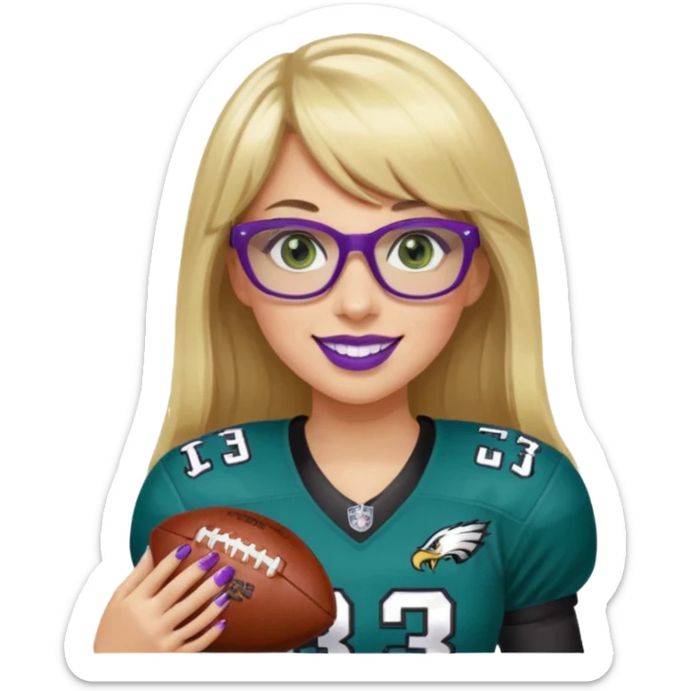 long blonde hair with bangs black rectangle glasses female green eyes football player wearing eagles uniform jersey number 33 holding football smiling purple lipstick sticker