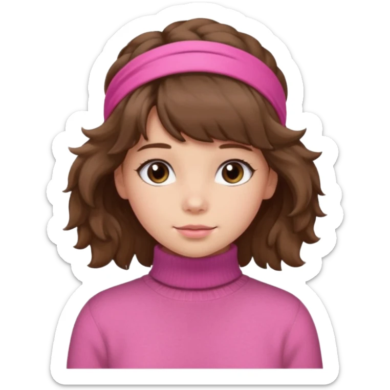 brown fluffy haired girl with pink turtleneck sweater and hair band sticker