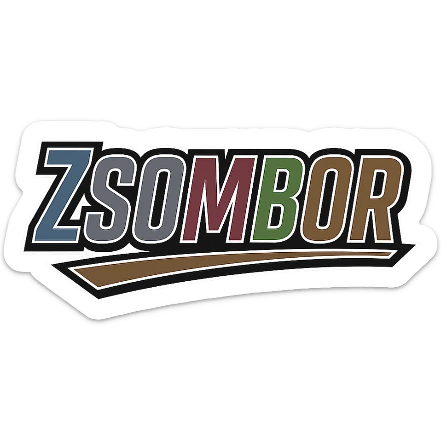 Text image of the name 'Zsombor' in a masculine, modern font with gradient colors (blue, gray, burgundy, green, brown), precise Hungarian characters, dark contour, extra thick, prominent white letter border, dynamic slanted underline, 1000x1000 px, PNG, transparent background. sticker