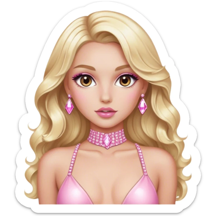 Luxury blonde model, brown eyes, sleek wavy hair, diamanté rhinestone covered pink bodysuit  sticker